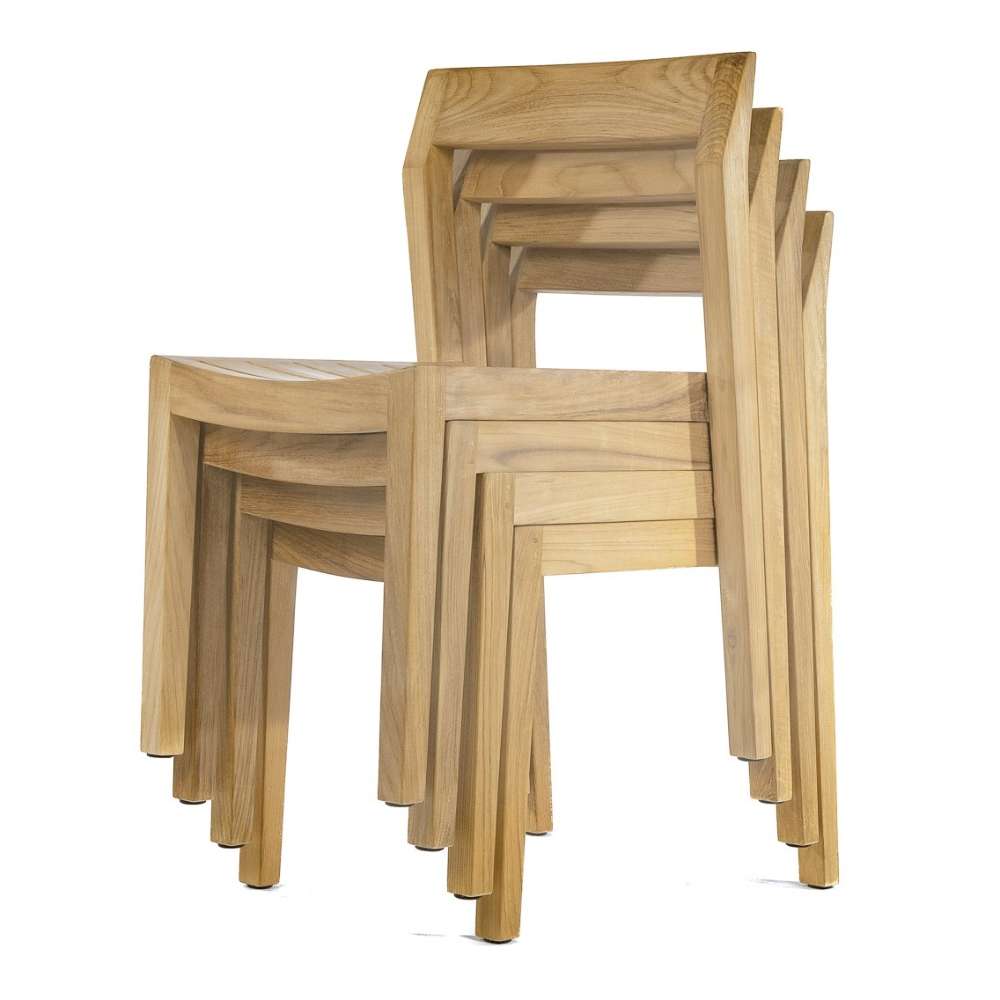 Stack of Westminster Teak Horizon Teak Side Chair units is neatly arranged, demonstrating that the chairs are designed to be space-saving and easily stackable