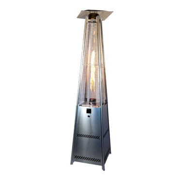 Stainless Steel Outdoor Order PrismQuad Tower Heater glows with a tall flame inside its glass tube on a white background