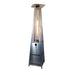 Stainless Steel Outdoor Order PrismQuad Tower Heater glows with a tall flame inside its glass tube on a white background