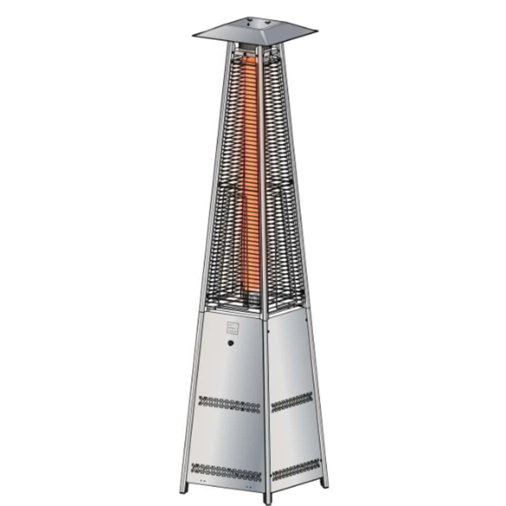 Stainless Steel Outdoor Order PrismQuad Tower Heater is illustrated with an orange glowing tube inside its caged tower and a square hood