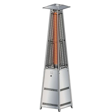Stainless Steel Outdoor Order PrismQuad Tower Heater is illustrated with an orange glowing tube inside its caged tower and a square hood