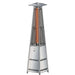 Stainless Steel Outdoor Order PrismQuad Tower Heater is illustrated with an orange glowing tube inside its caged tower and a square hood
