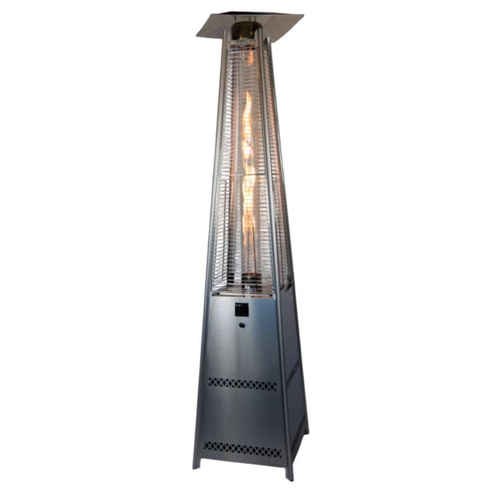 Stainless Steel Outdoor Order PrismQuad Tower Heater is shown from a corner angle with its flame lit and vents along the lower panels