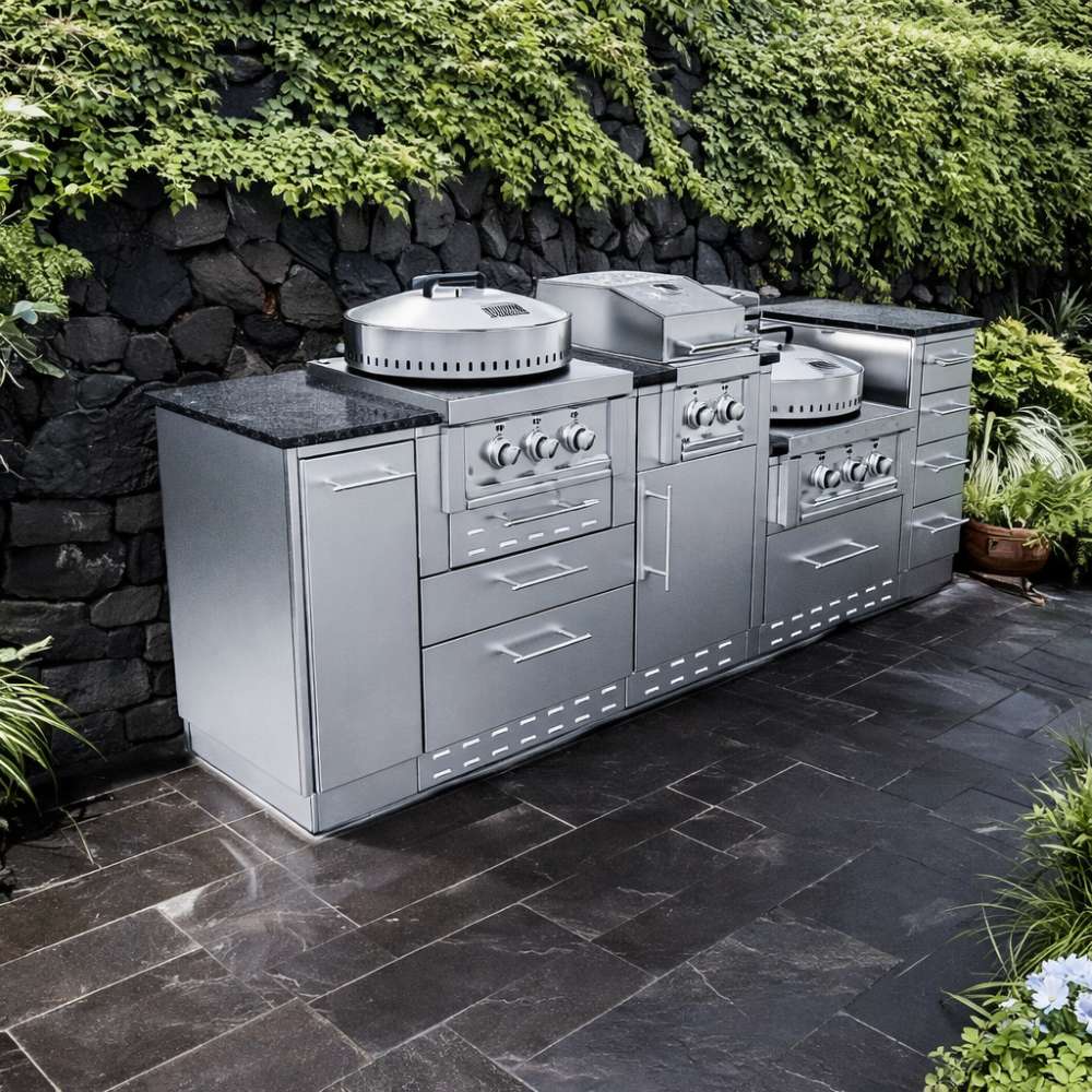 Stainless steel Sunstone TexCajun 9ft Outdoor Kitchen Island Package with grills and storage against a stone wall