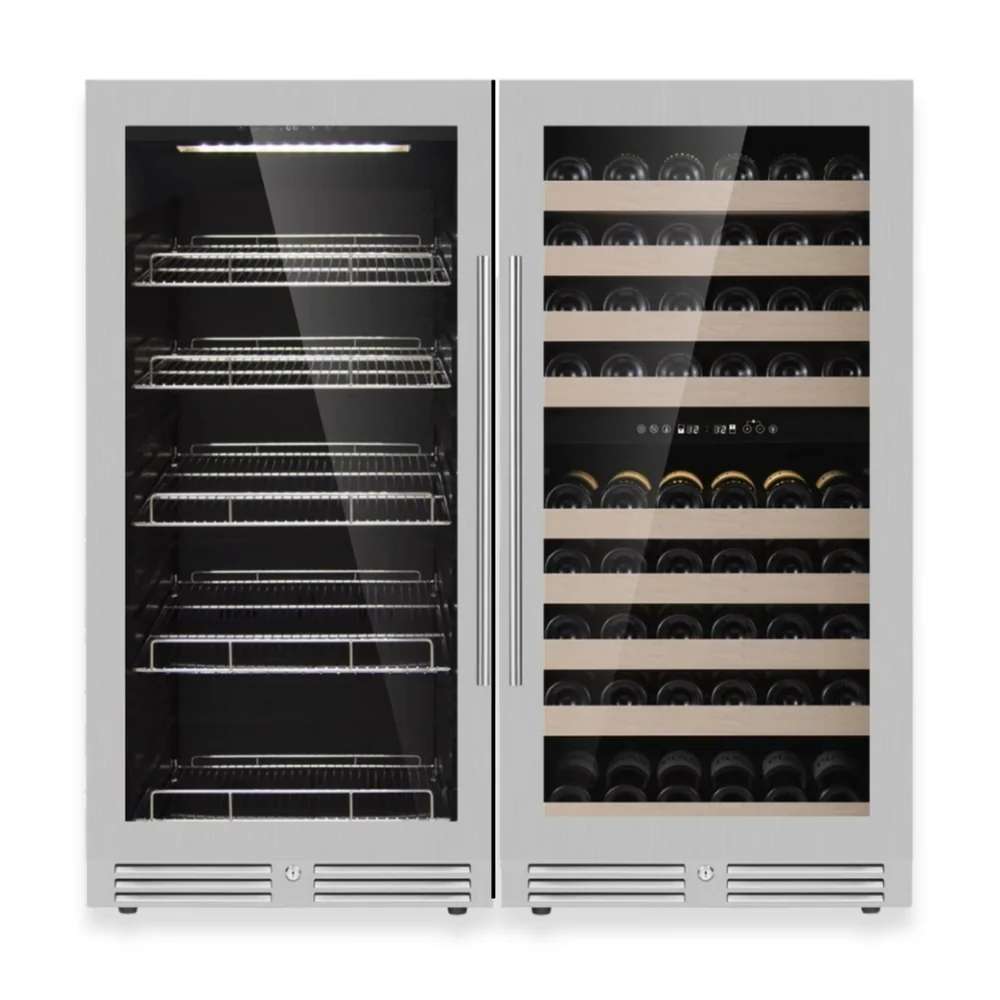 Stainless steel dual-zone fridge with drinks on one side and wine storage in KingsBottle 47" High Wine & Beverage Refrigerator Combo with Triple Temp Zones