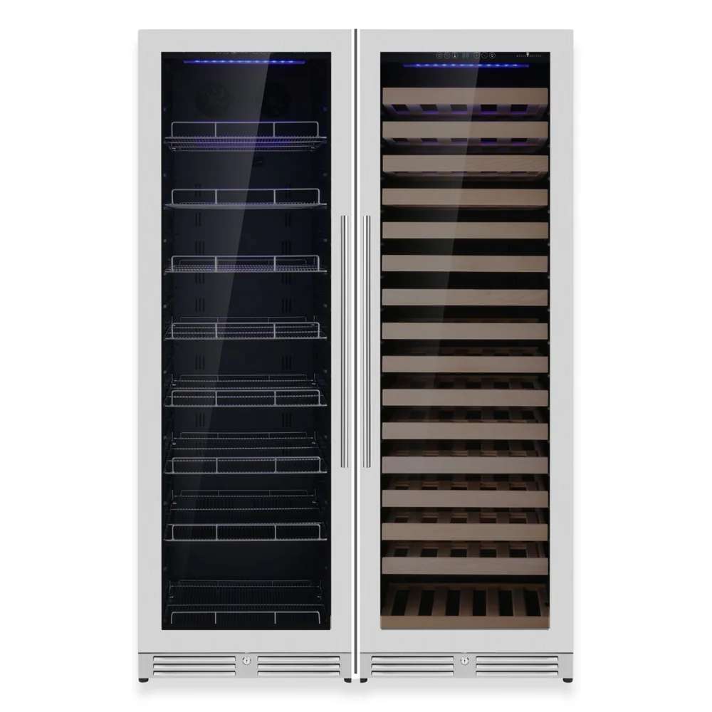 Stainless steel finish version with dual compartments for drinks and wine in KingsBottle Ultimate Wine & Beverage Upright Refrigerator Combo with Low-E Glass Door