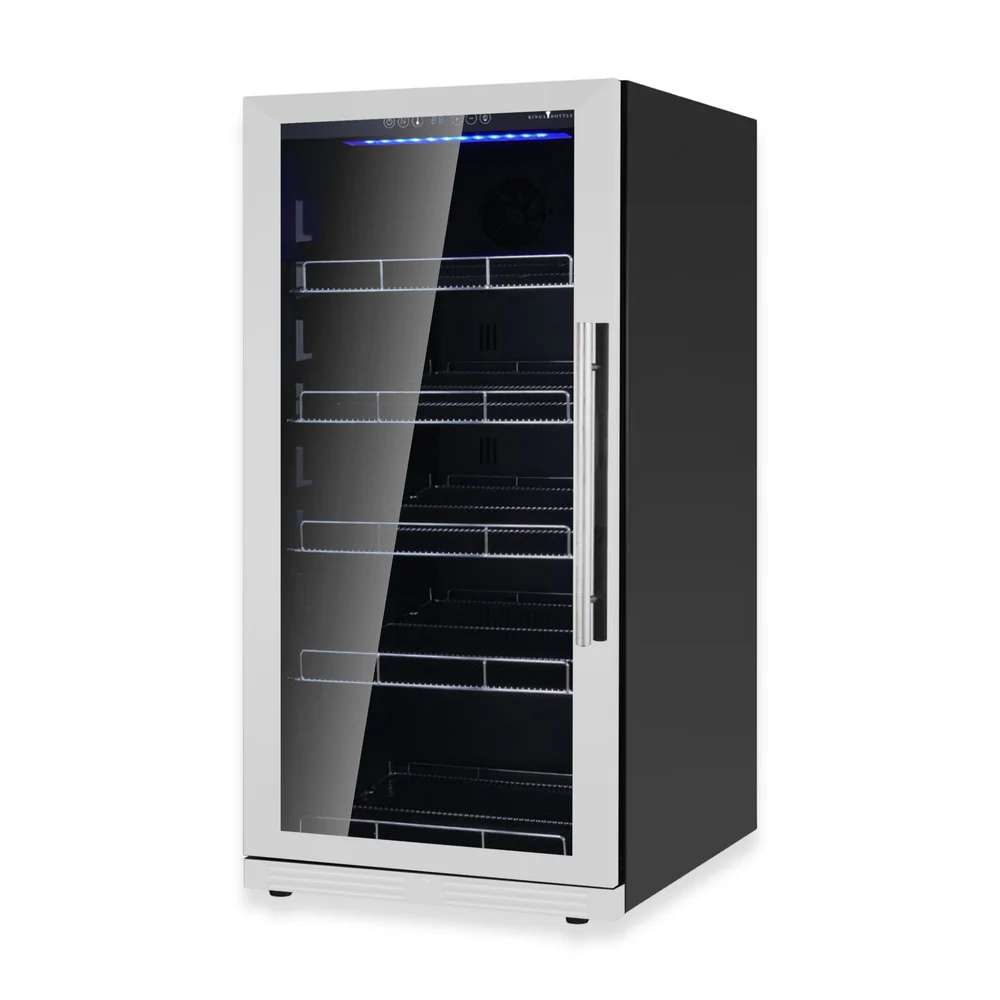Stainless steel version of KingsBottle 389 Cans Capacity Upright Beverage Refrigerator With Low-E Glass Door is displayed closed
