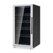 Stainless steel version of KingsBottle 389 Cans Capacity Upright Beverage Refrigerator With Low-E Glass Door is displayed closed
