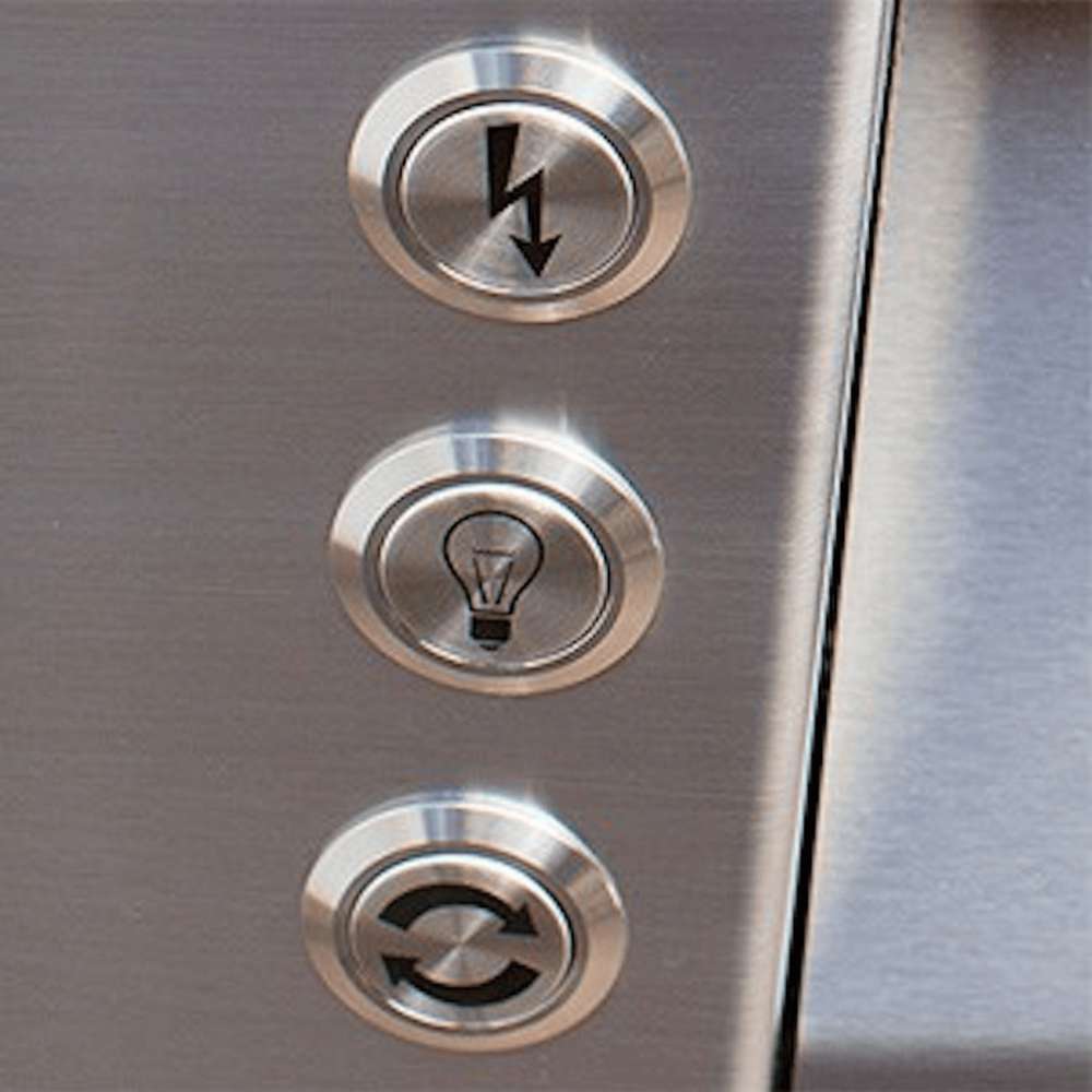 Stainless steel function buttons on the Alfresco Grills 42″ Luxury Grill Standard Cart Model