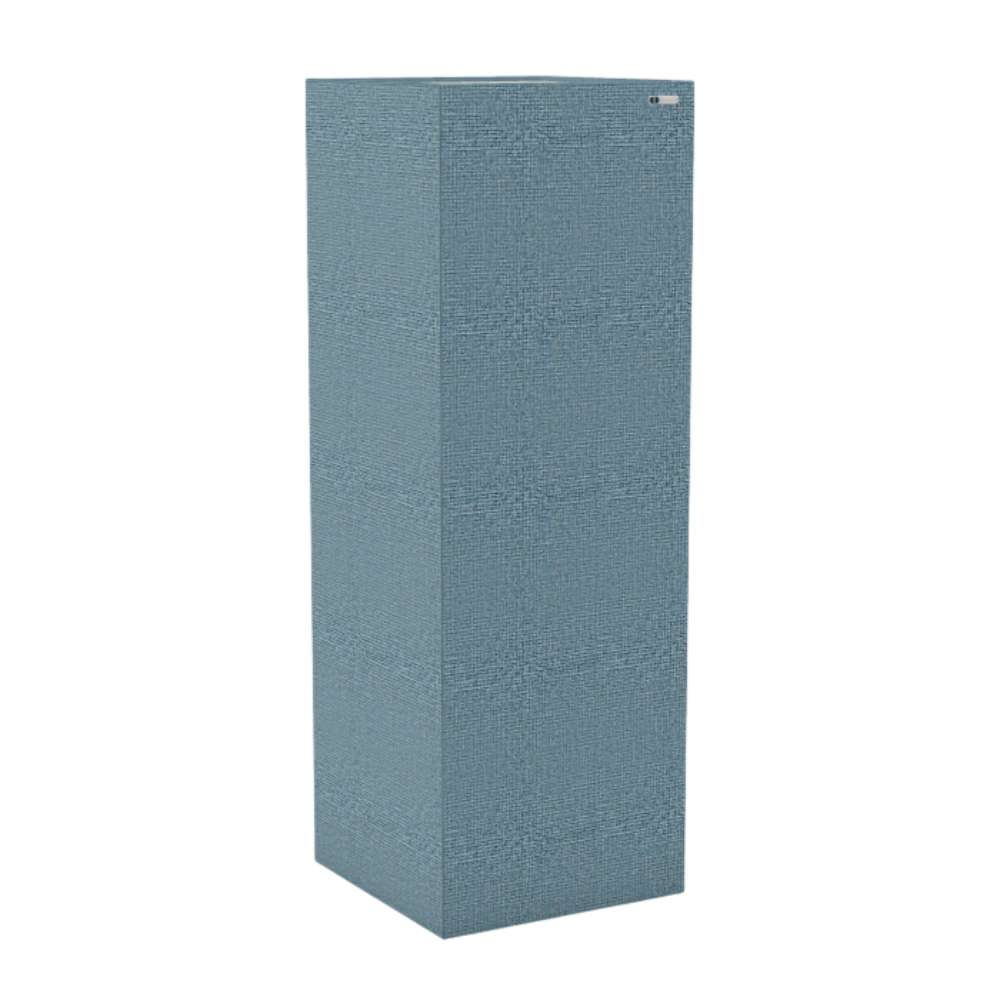 Standard Dolphin GIK Acoustics Soffit Corner Bass Trap in a soft blue fabric finish for effective low-frequency sound absorption