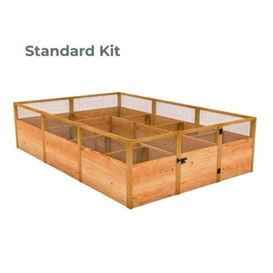 Standard Kit Outdoor Living Today 8x12 Raised Garden Bed with a large rectangular wooden planter, mesh upper panels, and a front access gate