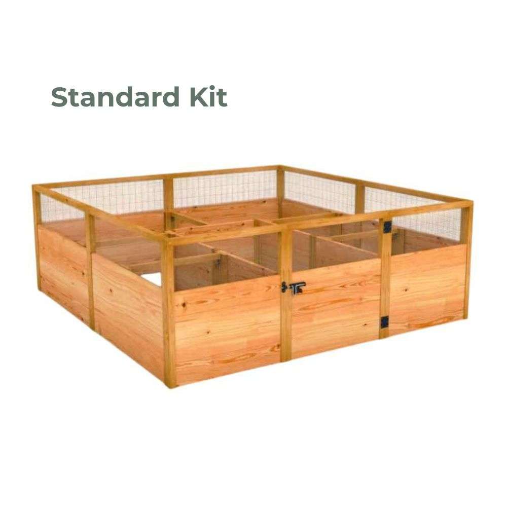 Standard Kit Outdoor Living Today 8x8 Raised Garden Bed with a square wooden frame, mesh upper panels, and a front access door for gardening
