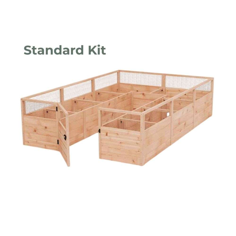 Standard Kit Outdoor Living Today 8x8 Raised Garden Bed with wooden panels, mesh sides, and interior planting sections with an open front gate