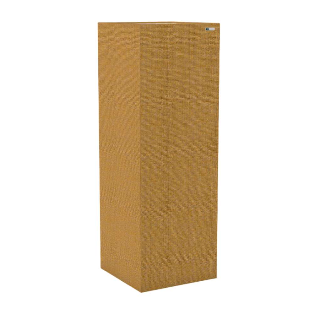 Standard Maree GIK Acoustics Soffit Corner Bass Trap in a golden tan fabric finish designed to reduce low-frequency sound buildup