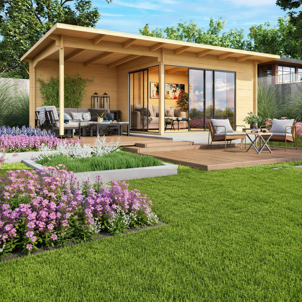 GardenHouse24 USA Starla 44C ALU ISO Garden Room appears beautifully styled with furniture and garden surroundings