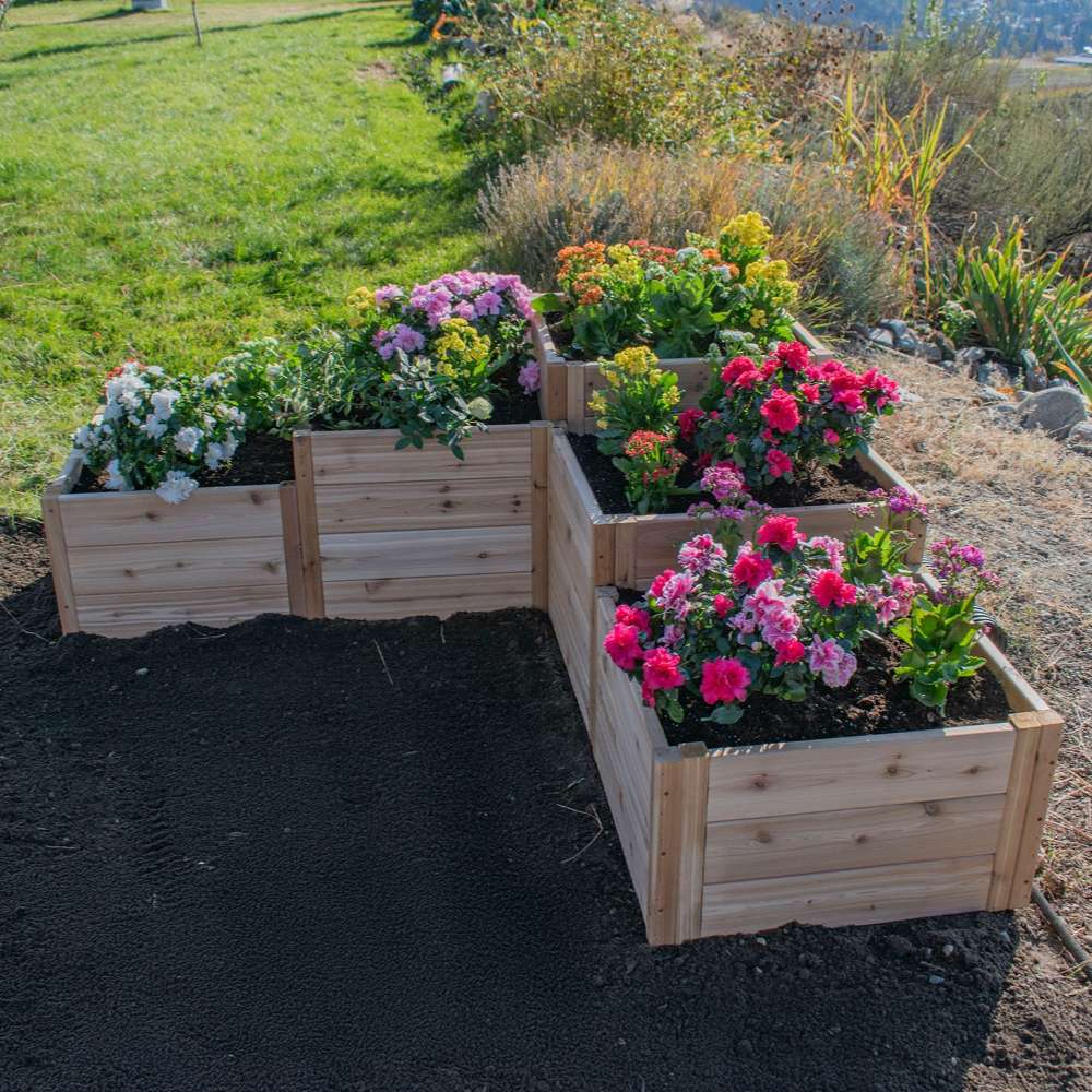 Stepped cedar planter filled with colorful flowers highlights the Outdoor Living Today 5.5×2 Tiered Cedar L-Shaped Raised Garden Bed in the middle