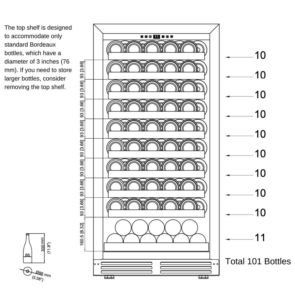 Storage diagram of KingsBottle 47-Inch Height Single Zone Wine Cooler With Low-E Glass Door showing bottle capacity and shelf layout