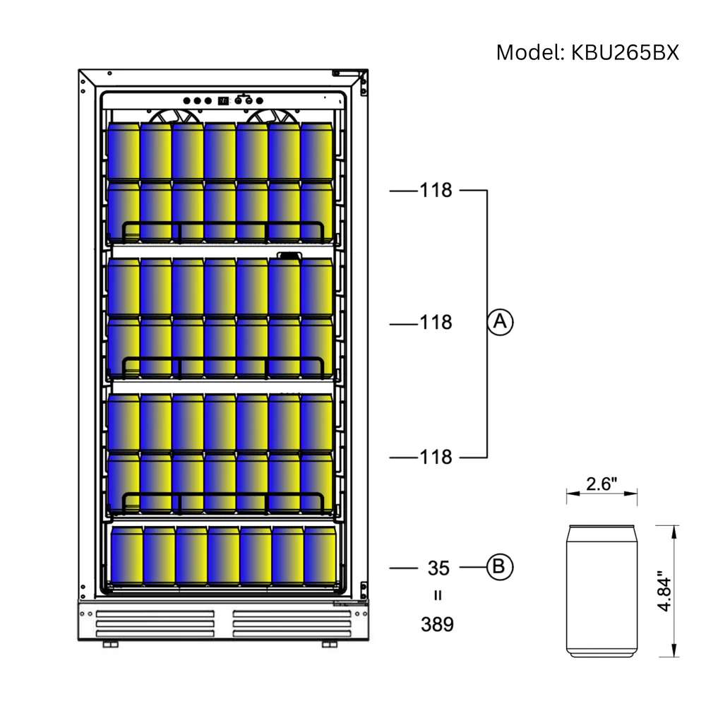 Storage diagram showing can capacity inside KingsBottle 47" High Wine & Beverage Refrigerator Combo with Triple Temp Zones