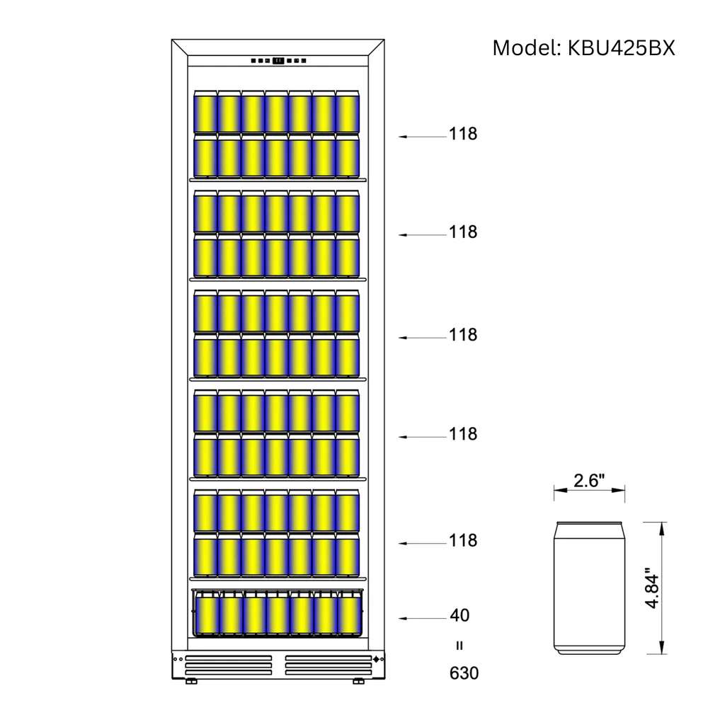 Storage diagram showing rows of cans organized inside KingsBottle Ultimate Wine & Beverage Upright Refrigerator Combo with Low-E Glass Door