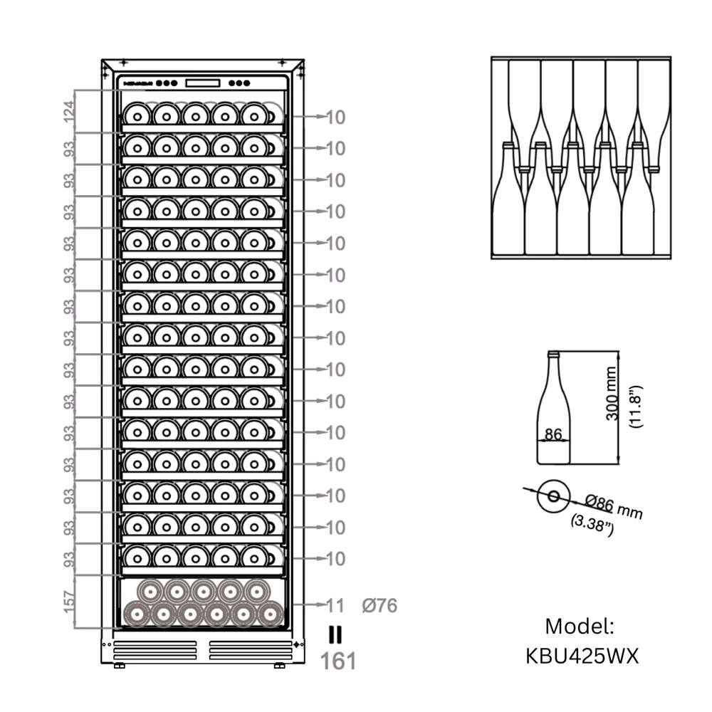 Storage layout diagram displaying multiple wine bottles arranged on shelves in KingsBottle Ultimate Wine & Beverage Upright Refrigerator Combo with Low-E Glass Door