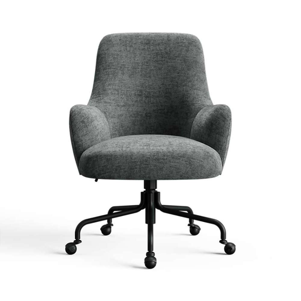 Storm Monet Recycled Chenille Crate & Barrel Bellevue Upholstered Office Chair in storm gray chenille with a supportive backrest and rolling base
