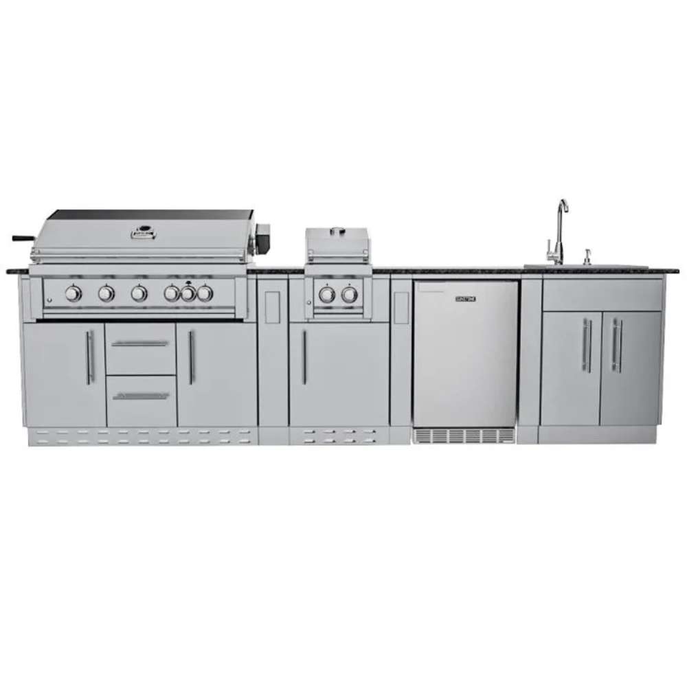 Straight-line stainless layout of Sunstone Gulf Breeze 10ft Expansive Cabinet Island Package with grill, fridge, sink, and cabinets
