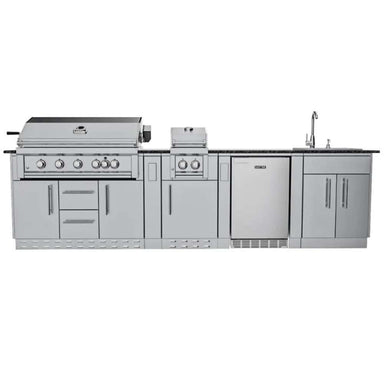 Straight-line stainless layout of Sunstone Gulf Breeze 10ft Expansive Cabinet Island Package with grill, fridge, sink, and cabinets