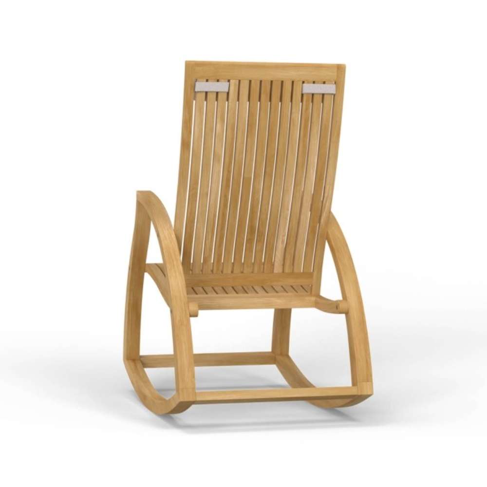Straight-on back view of Westminster Teak Aria Rocker shows evenly spaced wooden slats and a sturdy frame