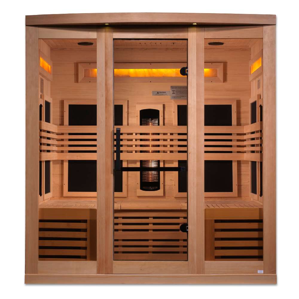Straight-on front view of Golden Designs Reserve Edition 6 Person Near Zero EMF Full Spectrum Sauna with Himalayan Salt Bar showing three glass panels and glowing amber salt strips