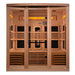 Straight-on front view of Golden Designs Reserve Edition 6 Person Near Zero EMF Full Spectrum Sauna with Himalayan Salt Bar showing three glass panels and glowing amber salt strips
