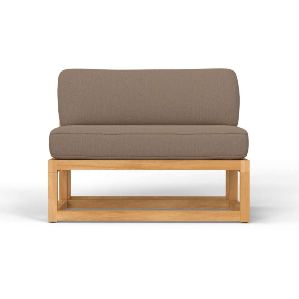 Straight-on front view of Westminster Teak Maya Slipper Chair shows its wide cushioned seat and simple rectangular teak base