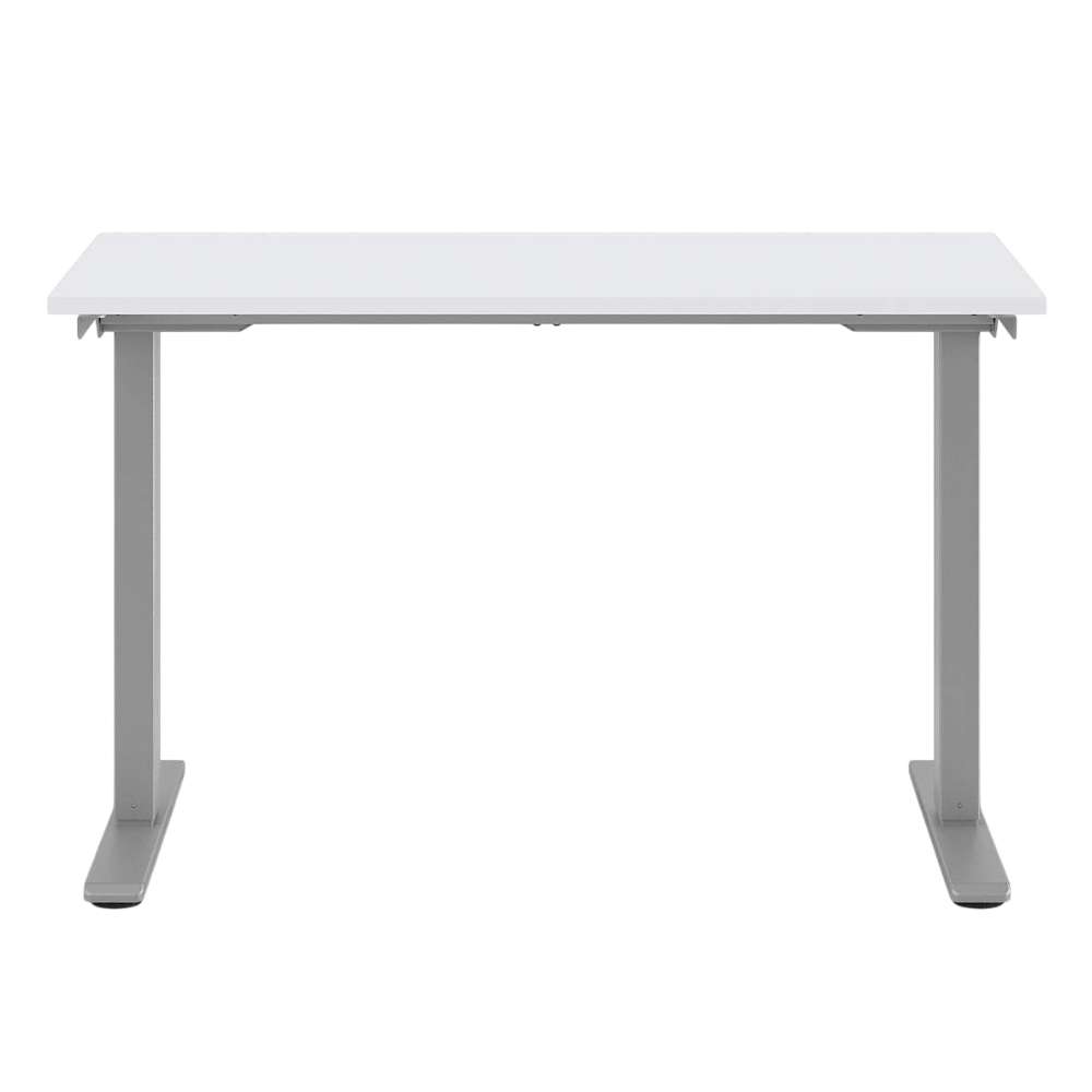Straight-on view of Crate & Barrel Humanscale® eFloat Go 2.0 48" White Adjustable Standing Charging Desk with a slim white tabletop and silver base