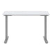 Straight-on view of Crate & Barrel Humanscale® eFloat Go 2.0 48" White Adjustable Standing Charging Desk with a slim white tabletop and silver base