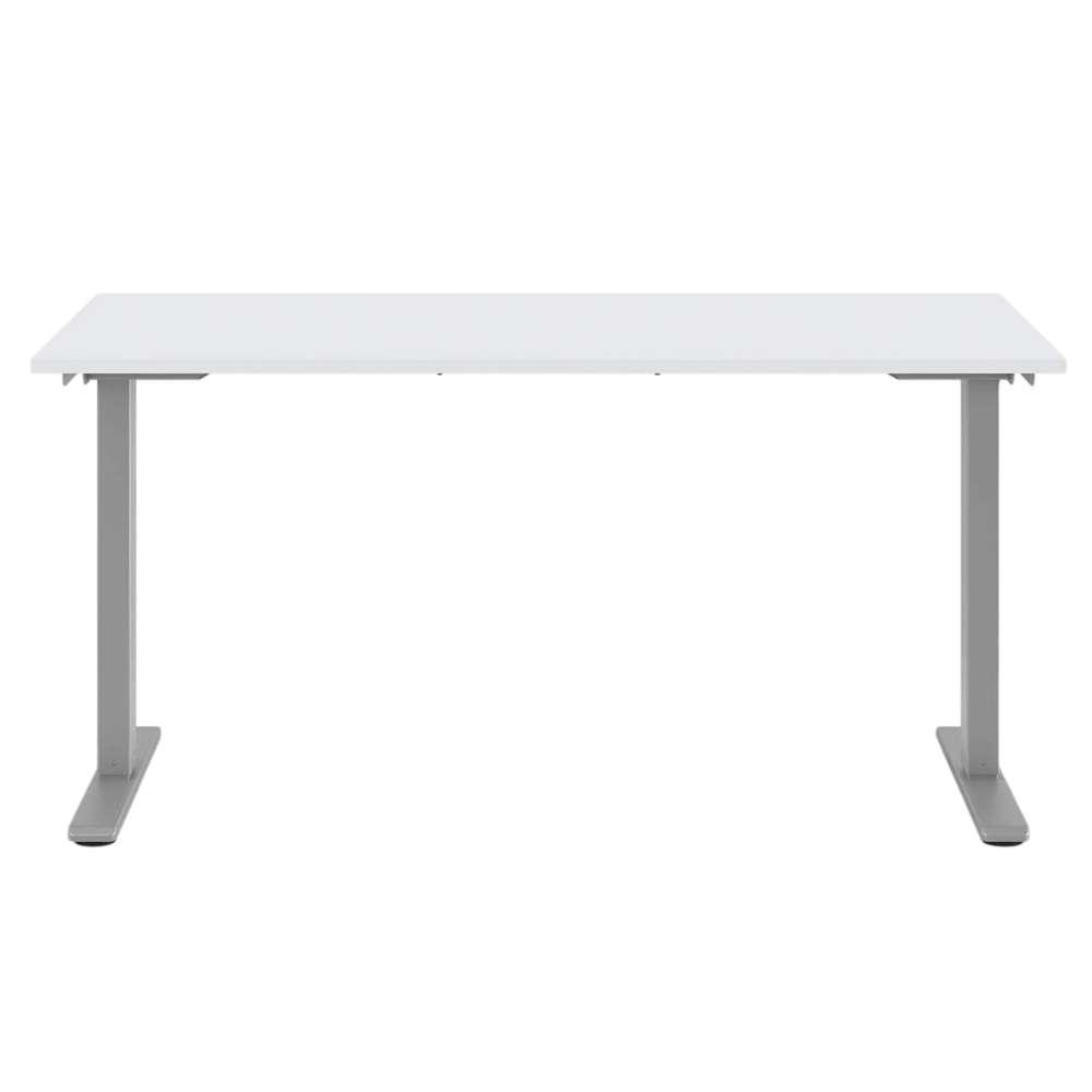Straight-on view of Crate & Barrel Humanscale® eFloat Go 2.0 60" White Adjustable Standing Charging Desk with a wide white tabletop and silver base