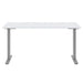 Straight-on view of Crate & Barrel Humanscale® eFloat Go 2.0 60" White Adjustable Standing Charging Desk with a wide white tabletop and silver base