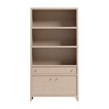 Straight-on view of Crate & Barrel Keane 40" Weathered Natural Wood Storage Bookcase displaying open shelves, a drawer, and a lower cabinet with closed doors
