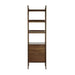 Straight-on view of Crate & Barrel Tate Walnut Bookcase File Cabinet displaying three open shelves above a drawer and file cabinet compartment