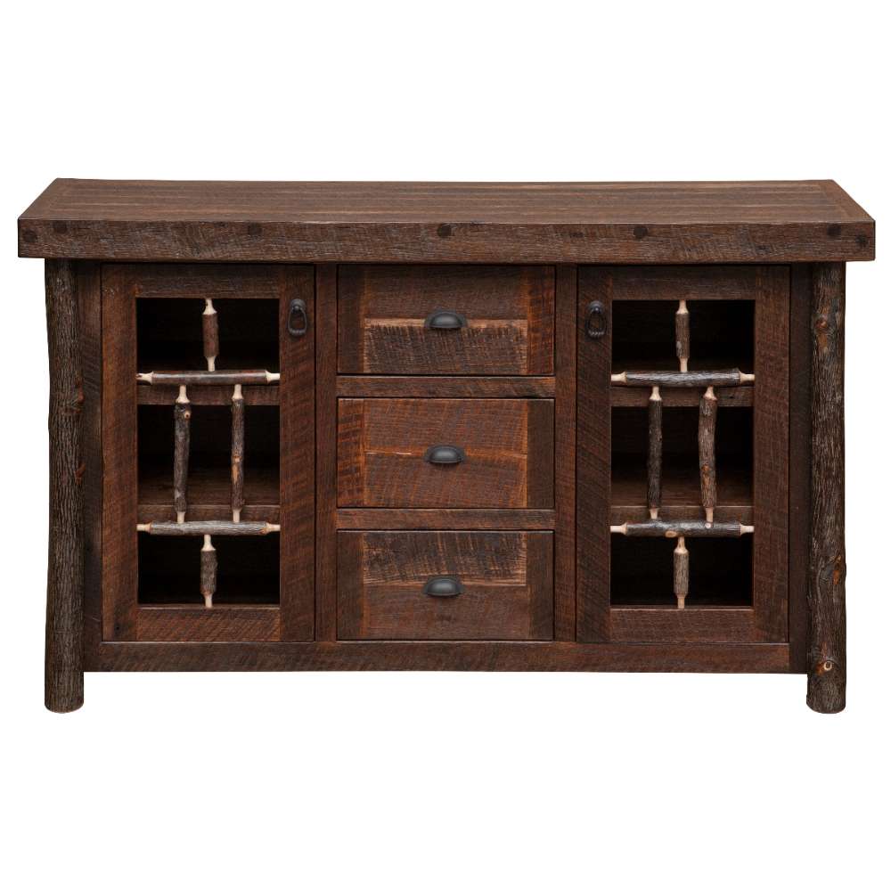 Straight-on view of Fireside Lodge Appalachian Windowpane Sideboard highlighting its three drawers, windowpane cabinet doors, and rich rustic wood finish