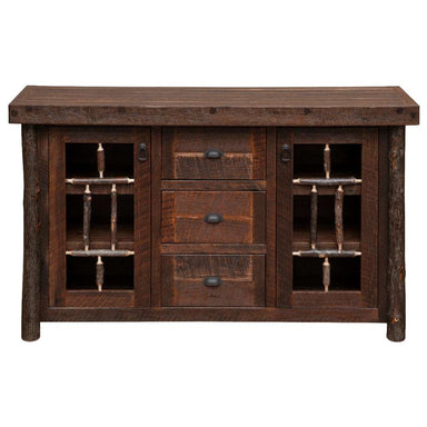 Straight-on view of Fireside Lodge Appalachian Windowpane Sideboard highlighting its three drawers, windowpane cabinet doors, and rich rustic wood finish