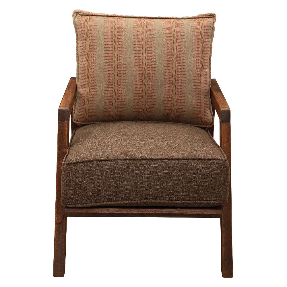 Straight-on view of Fireside Lodge Barnwood Club Lounge Chair with Standard Back featuring a wide cushioned seat and a patterned pillow-style back cushion