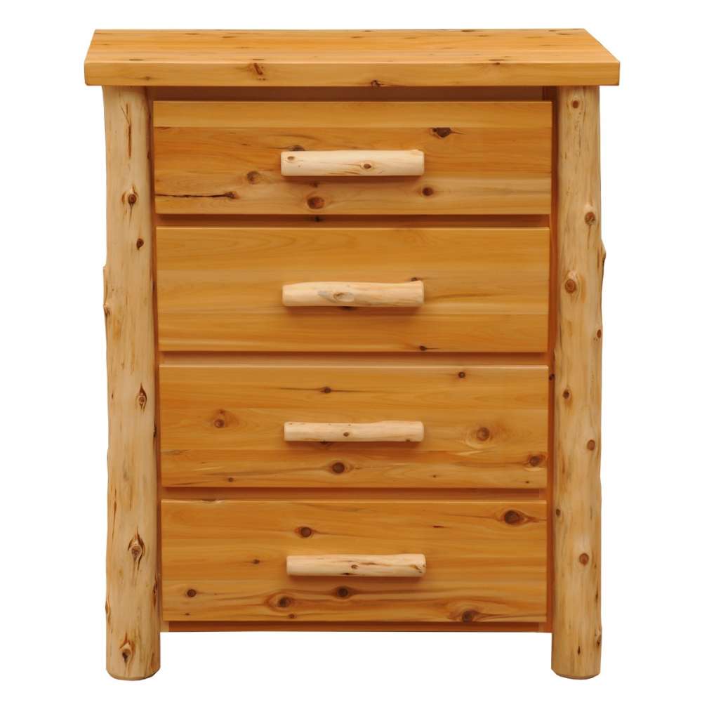 Straight-on view of Fireside Lodge Voyageur Four Drawer Chest showcases its symmetrical design, log legs, and sturdy pine construction
