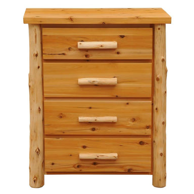 Straight-on view of Fireside Lodge Voyageur Four Drawer Chest showcases its symmetrical design, log legs, and sturdy pine construction