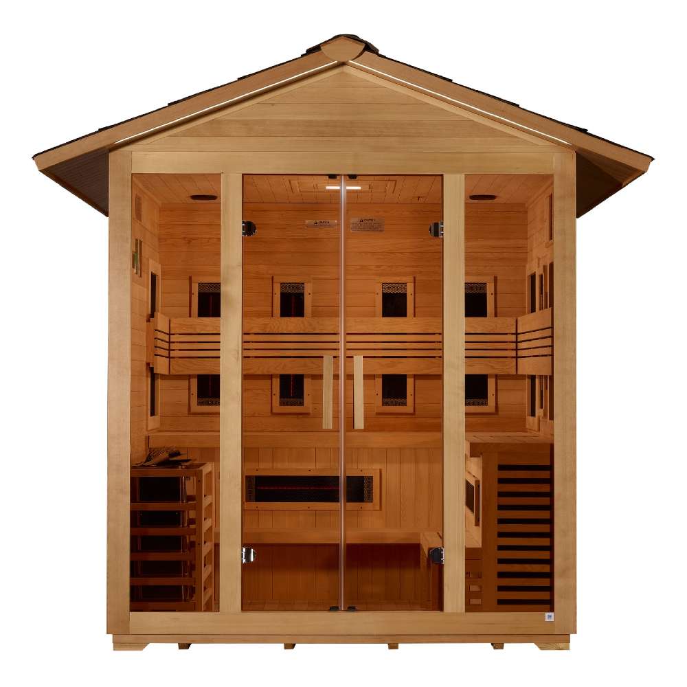 Straight-on view of Golden Designs Gargellen 5 Person Hybrid Outdoor Sauna showing the roof overhang, three glass panels, two-level benches and infrared panels