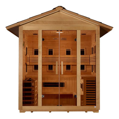 Straight-on view of Golden Designs Gargellen 5 Person Hybrid Outdoor Sauna showing the roof overhang, three glass panels, two-level benches and infrared panels