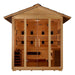 Straight-on view of Golden Designs Gargellen 5 Person Hybrid Outdoor Sauna showing the roof overhang, three glass panels, two-level benches and infrared panels