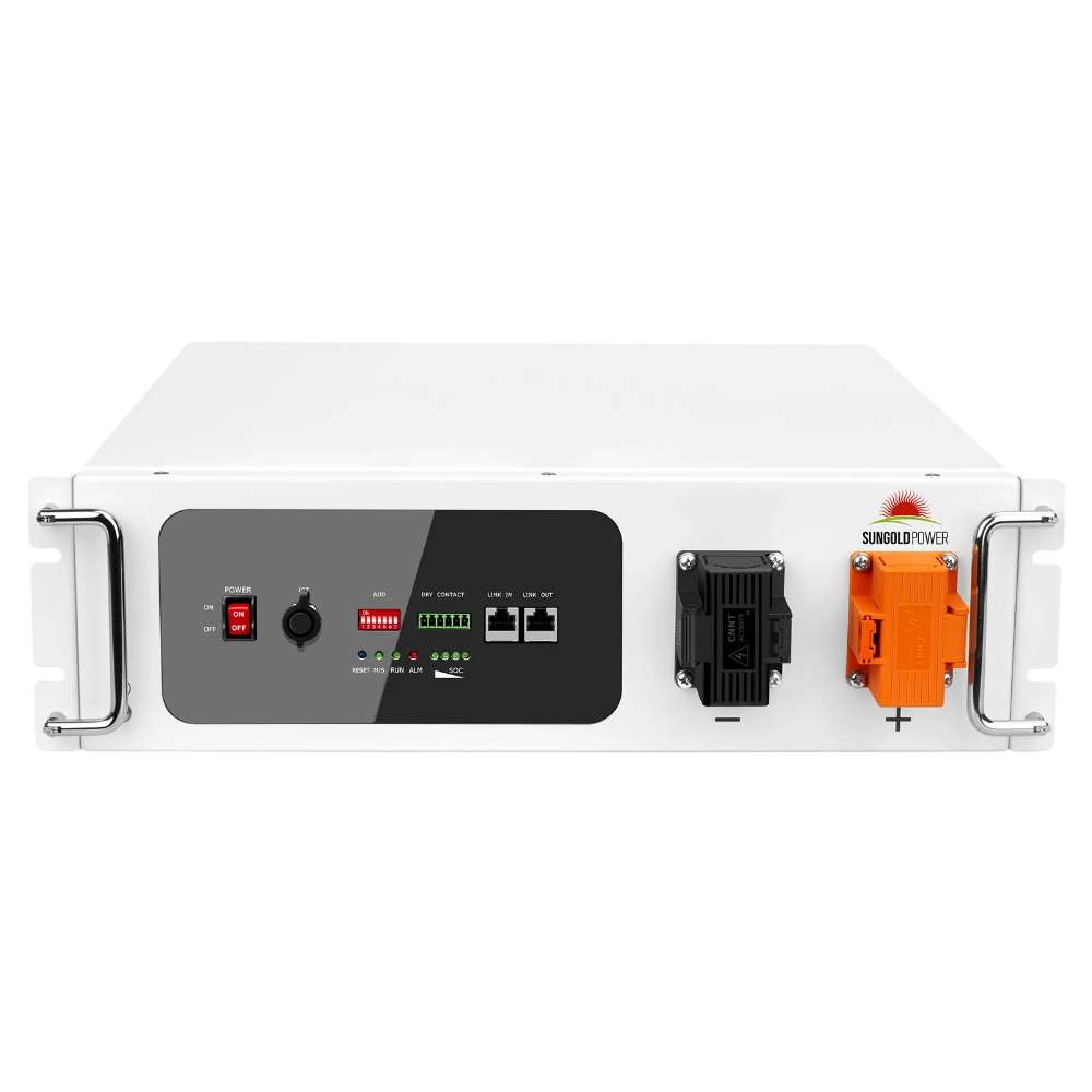 Straight-on view of Sun Gold Power 48V 100Ah Server Rack Lithium Battery featuring the front interface, status indicators, rack handles, and battery connection terminals