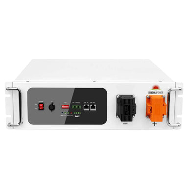 Straight-on view of Sun Gold Power 48V 100Ah Server Rack Lithium Battery featuring the front interface, status indicators, rack handles, and battery connection terminals