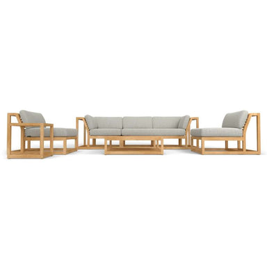 Straight-on view of Westminster Teak Maya 6pc Lounge Sofa Set, neatly arranged with a sofa in the center, two chairs, and a matching table
