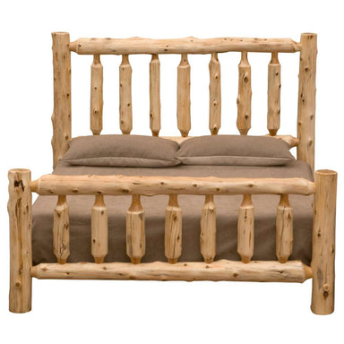 Straight-on view of fully assembled Fireside Lodge Cedar Log Traditional Bed shows a tall log headboard, matching footboard, and a mattress
