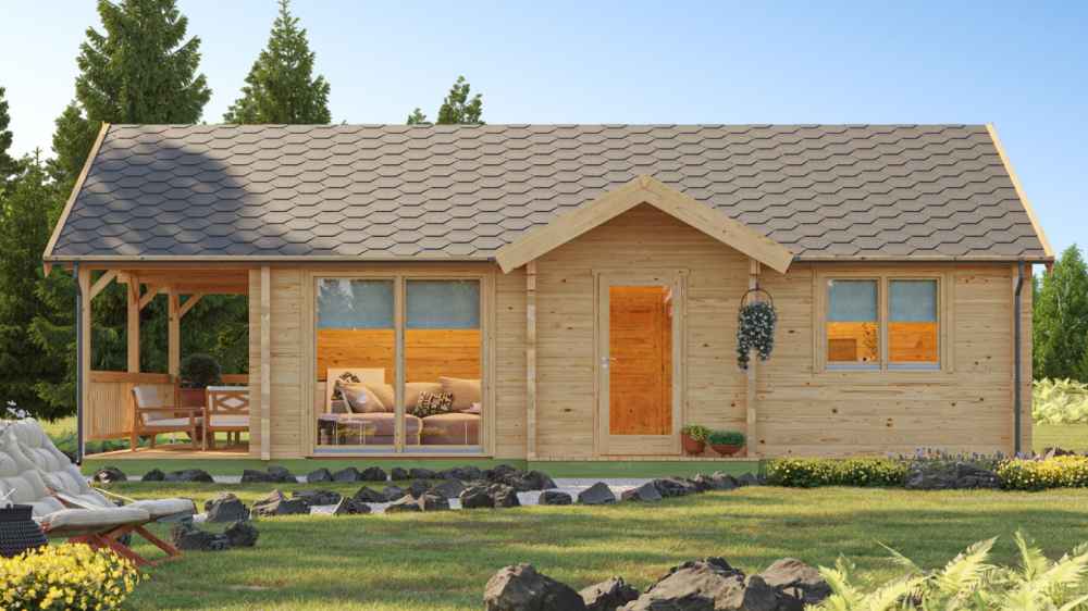 Straight-on front view of the GardenHouse24 USA Garda 90 Garden Room displays a centered door, twin windows on the right, and a shaded patio on the left